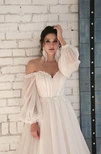 3_4 Off-shoulder Sleeves Sweetheart Elegant Chiffon Wedding Dress with Appliques
