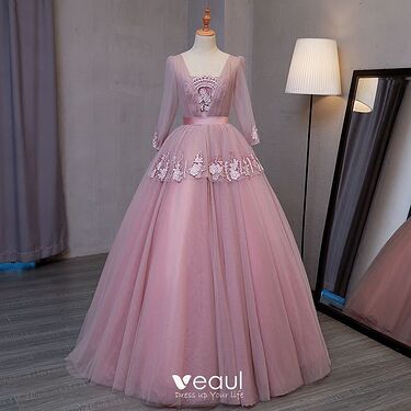 vintage-blushing-pink-prom-dresses-2017-ball-gown-v-neck-long-sleeve-appliques-lace-floor-length-long-ruffle-backless-forma