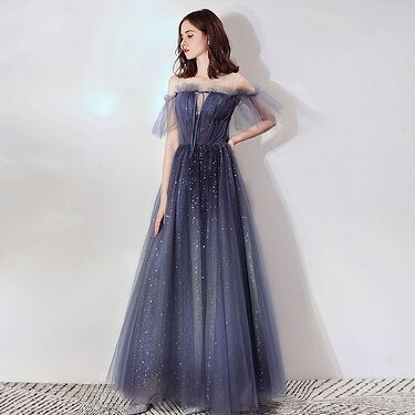 Bling Bling Navy Blue See-through Evening Dresses  2019 A-Line _ Princess Scoop Neck Bell sleeves Glitter Tulle Floor-Length _ Long Backless Formal Dresses
