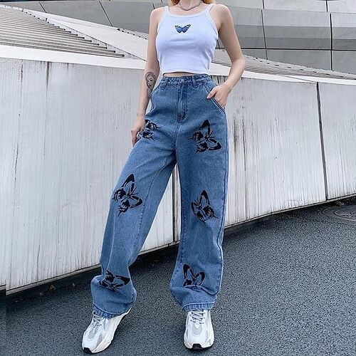 Butterfly Print Woman Long Trousers - blue _ L