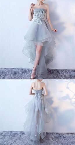 Gray Tulle Lace prom dress off shoulder long Senior party dress strapless straps evening dress lace tulle party dress